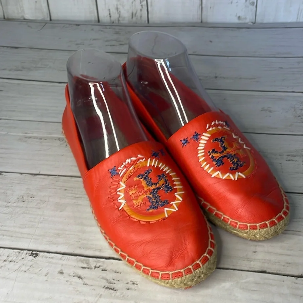 Tory Burch Coral Leather Embroidered Daley Espadrille Flats